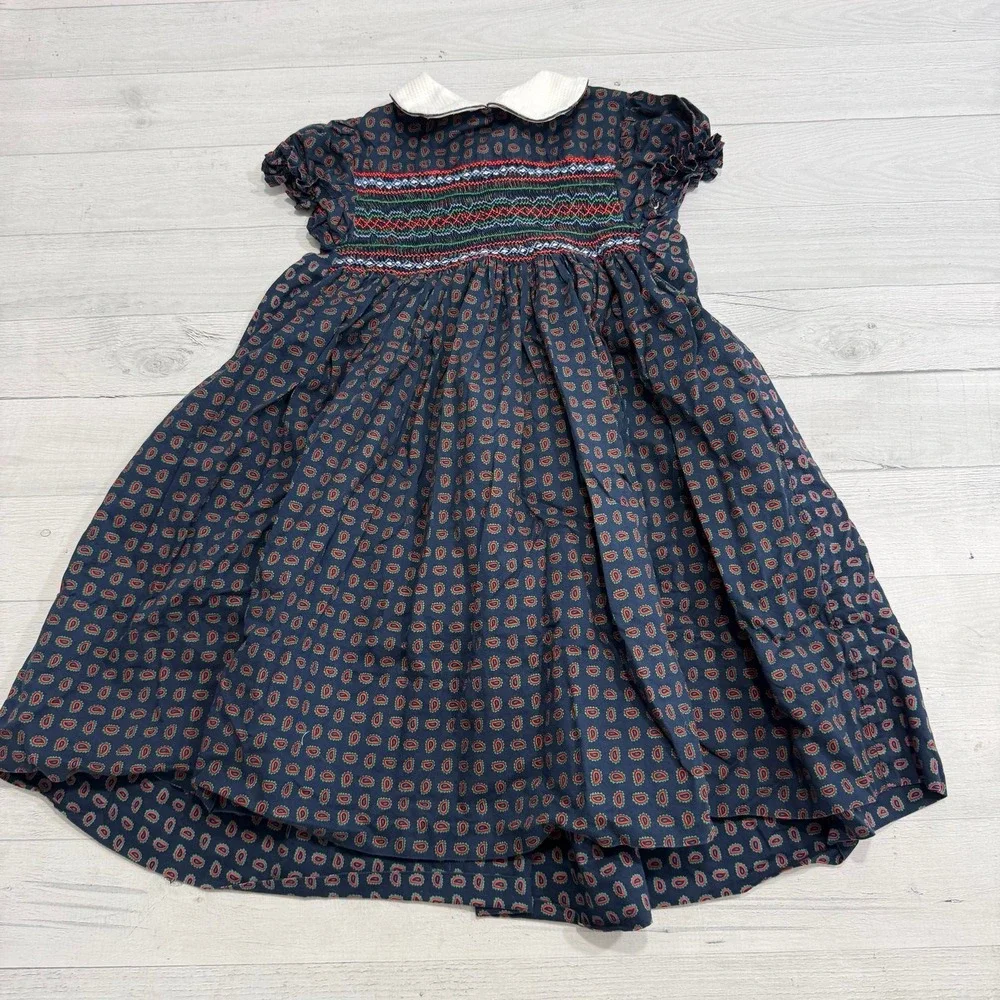 Vintage girls smocked dress white collar no‎ size